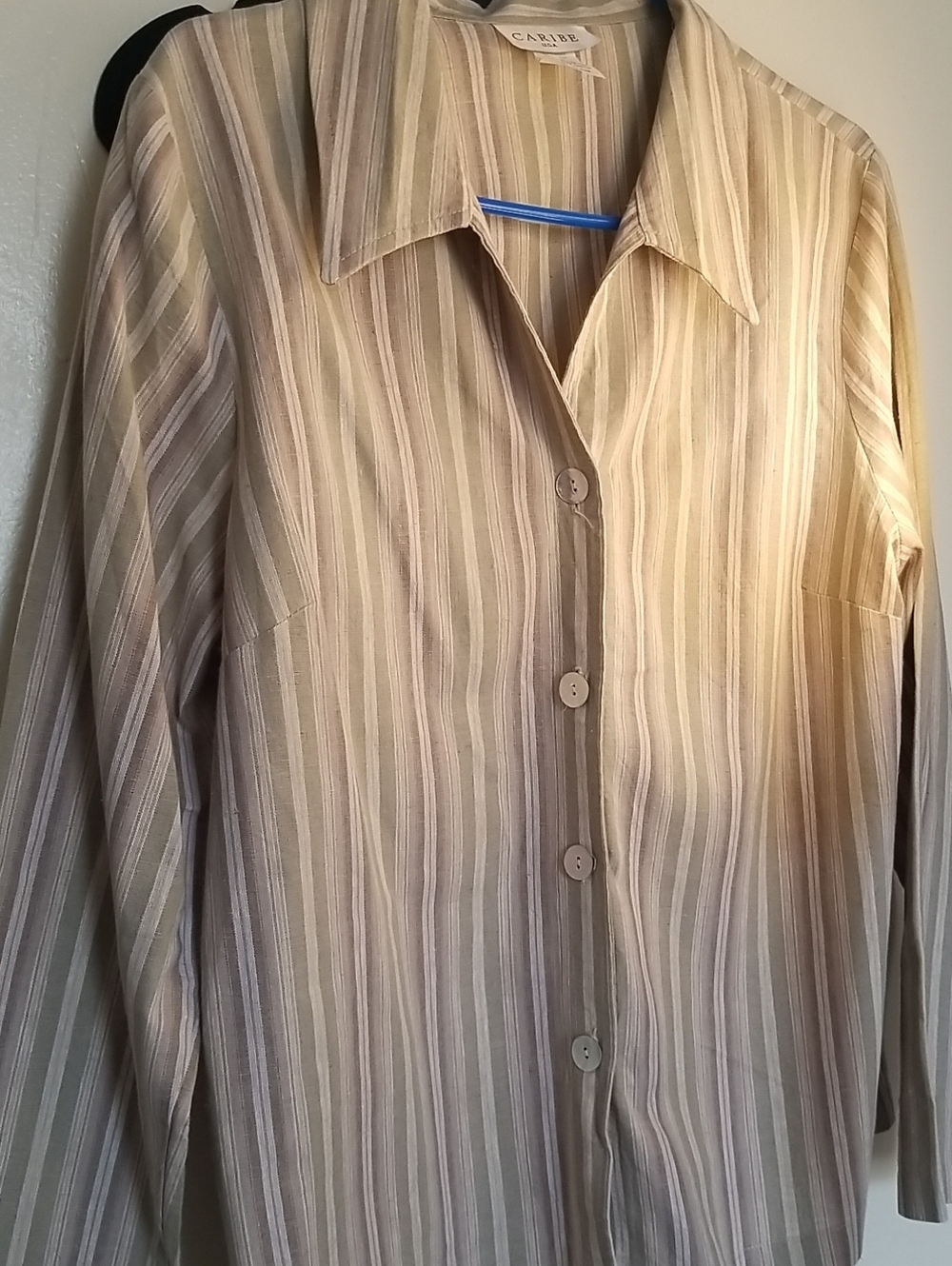 Beige Striped Long-Sleeve Button Down Shirt - Women's